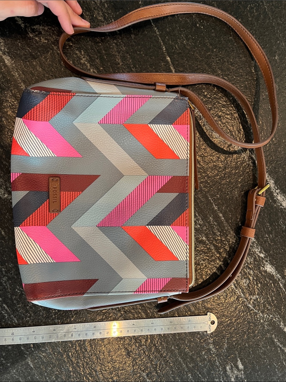 Fossil Chevron Multicolor Crossbody Bag in Pink, Red, Gray and Brown